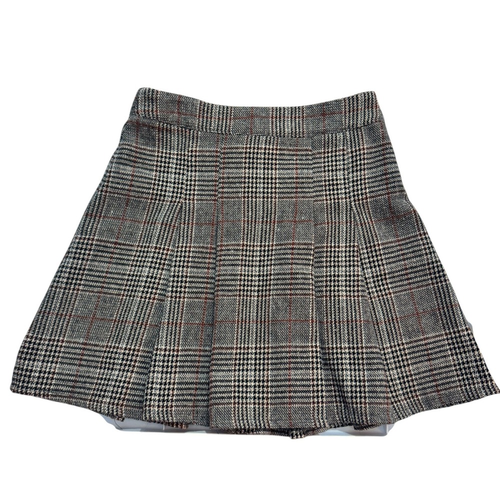 New XS Plaid Thick Knit Pleated Mini Skirt Button Front Glen Check Brown Grey - Picture 4 of 4